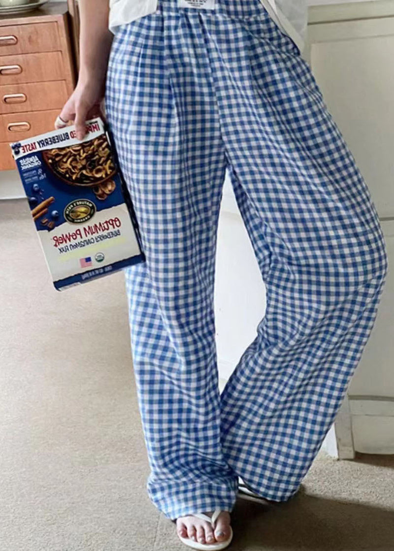 Black Elastic Waist Plaid Linen Wide Leg Pants Spring