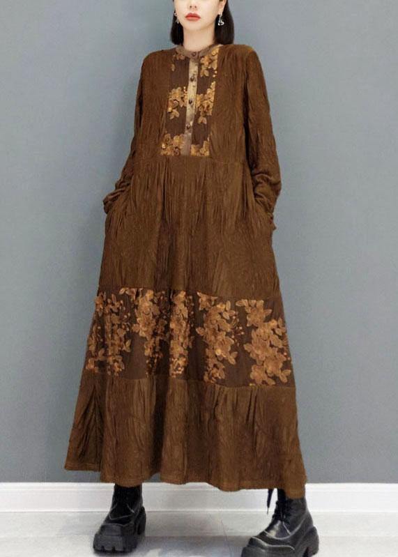 Brown O-neck Button Embroideried Ankle Dress Fall Long Sleeve