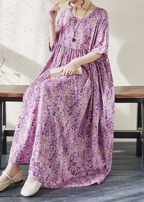Purple Print Patchwork Ankle Dress Half Sleeve