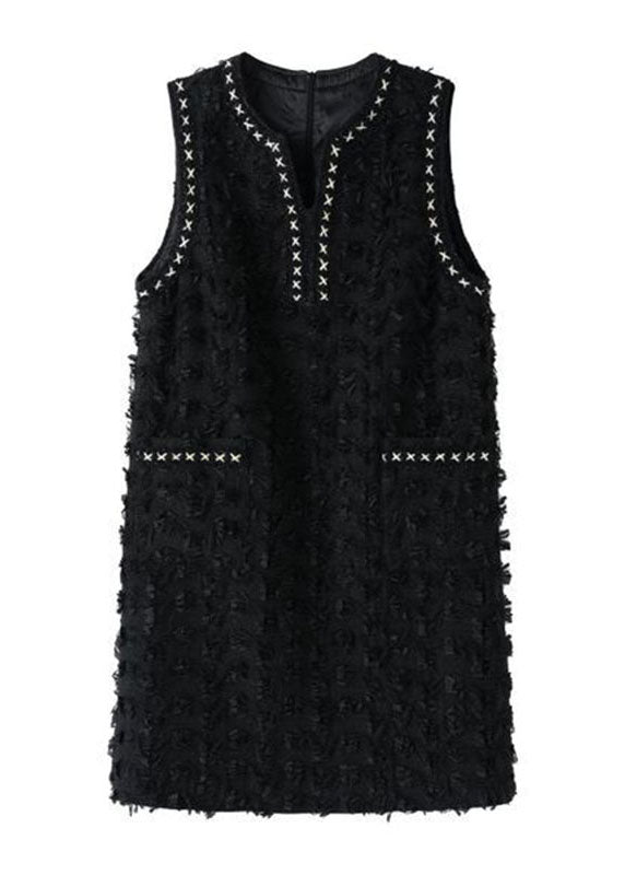 Black V Neck Patchwork Tassel Mid Dress Fall