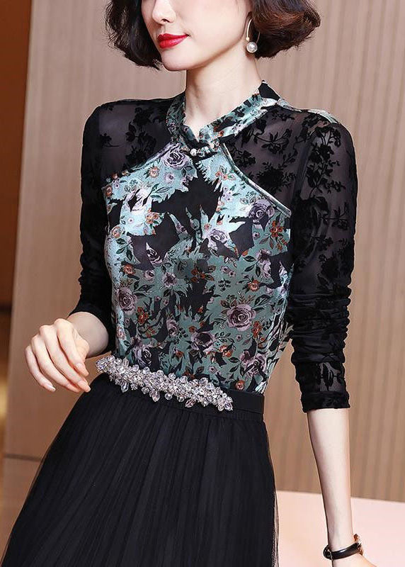 Colorblock Mandarin Collar Patchwork Silk Velour Shirt Top Long Sleeve