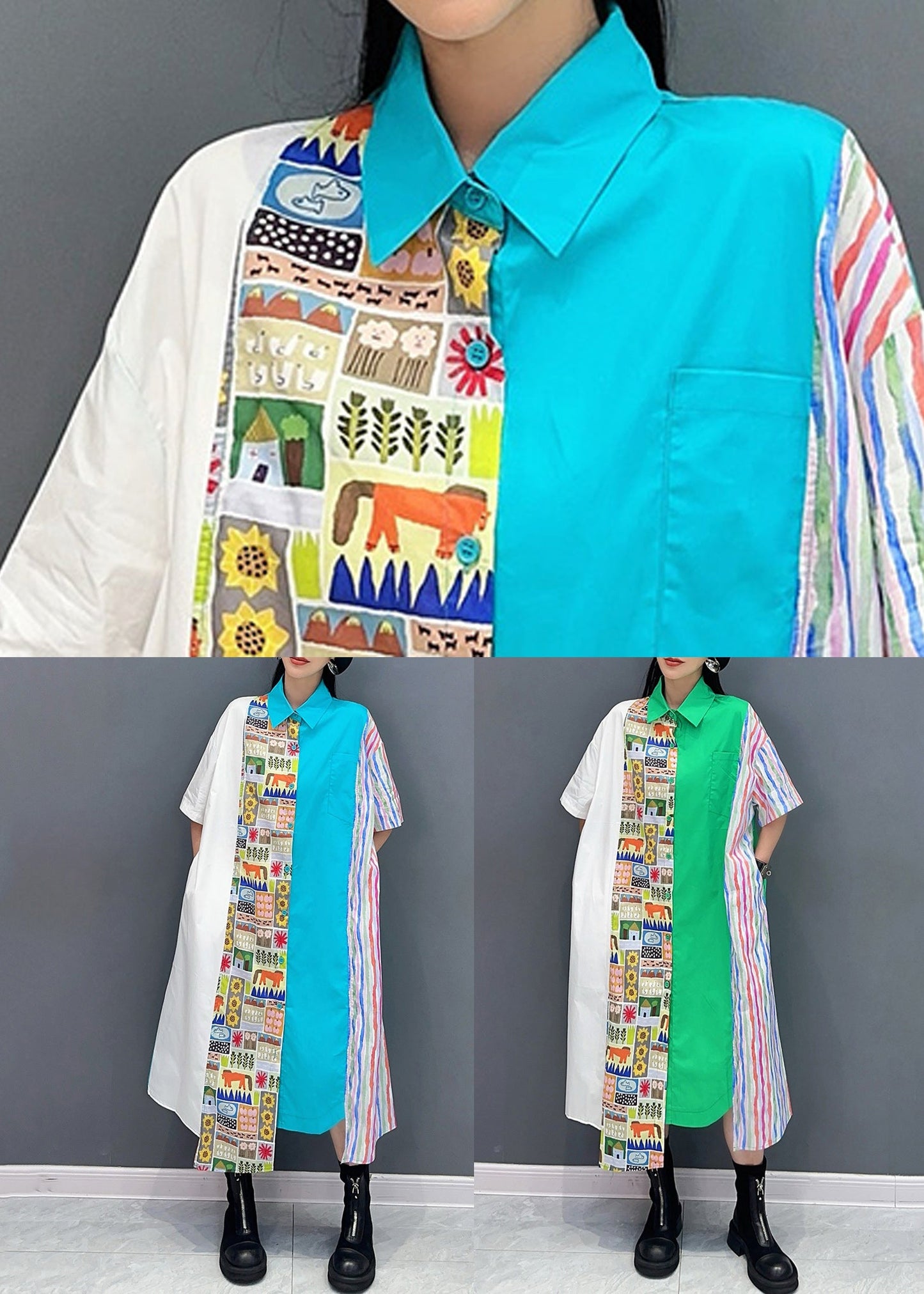 Green Print Pockets Patchwork Cotton Shirt Dress Half Sleeve