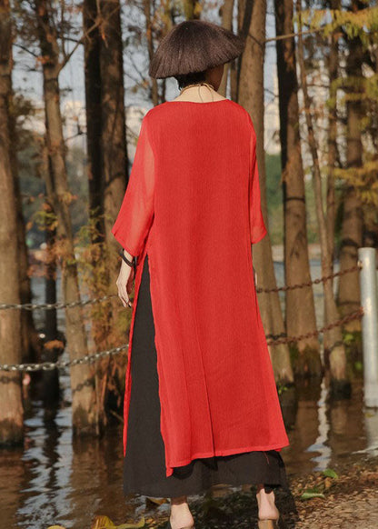 Red Side Open Pockets Cotton Long Dress Three Quarter Sleeve