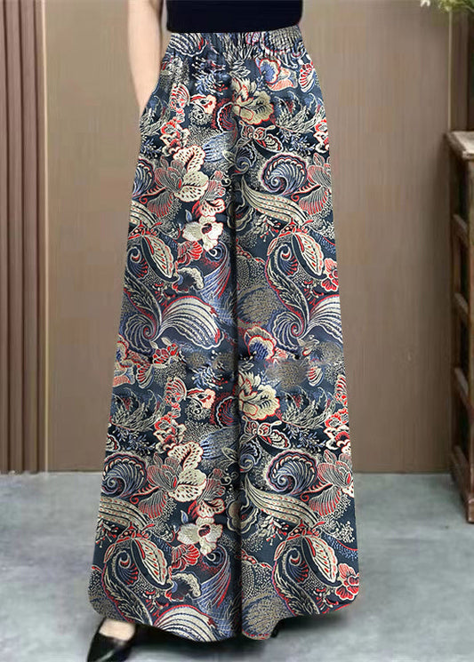 Fine Print Pockets Elastic Waist Cotton Wide Leg Pants Fall