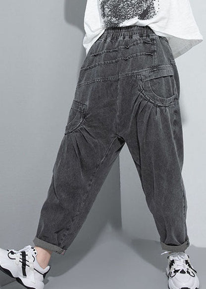 Handmade Black Elastic Waist Pockets Jean Pants Spring