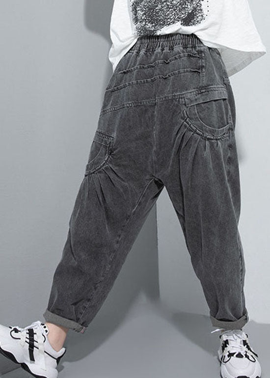 Handmade Black Elastic Waist Pockets Jean Pants Spring