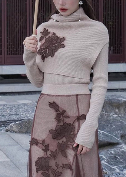 Art Khaki Embroideried Patchwork Silm Fit Knit Two Piece Top Set Winter