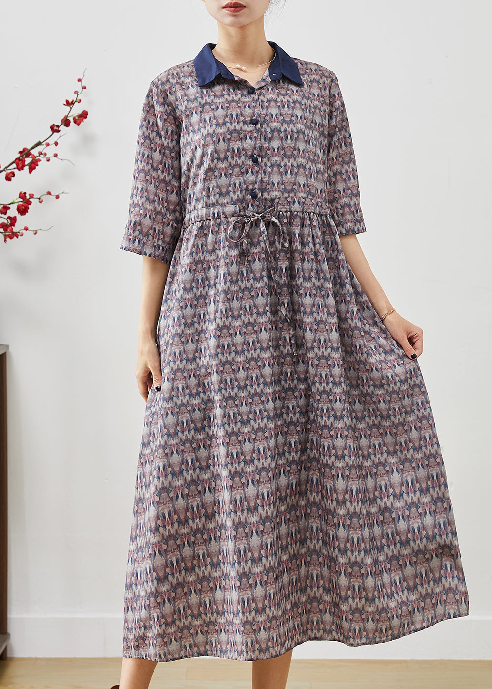 Cinched Print Cotton Long Dress Half Sleeve