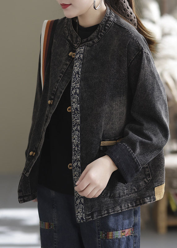 Black Oversized Pockets Patchwork Cotton Denim Coats Fall