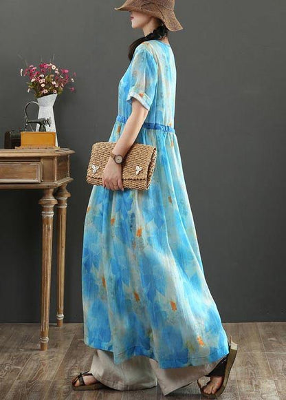 Fitted Blue Print Linen Tie Waist Summer Vacation Dresses