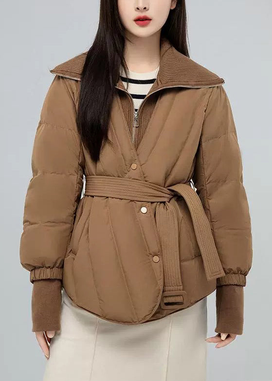 New Khaki Stand Collar Tie Waist Patchwork Duck Down Down Coat Winter