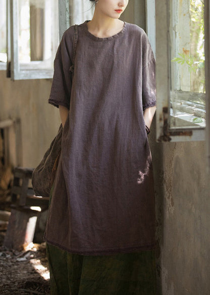 Purple Side Open Linen T Shirt Dresses Summer