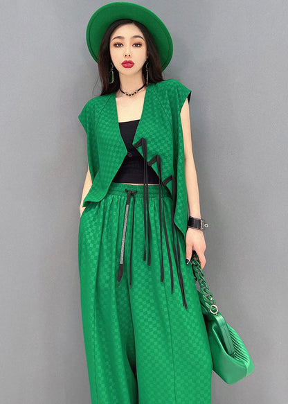Classy Green Plaid Side Open Chiffon Vest and Wide Leg Pants Two Piece Set Outfits Summer