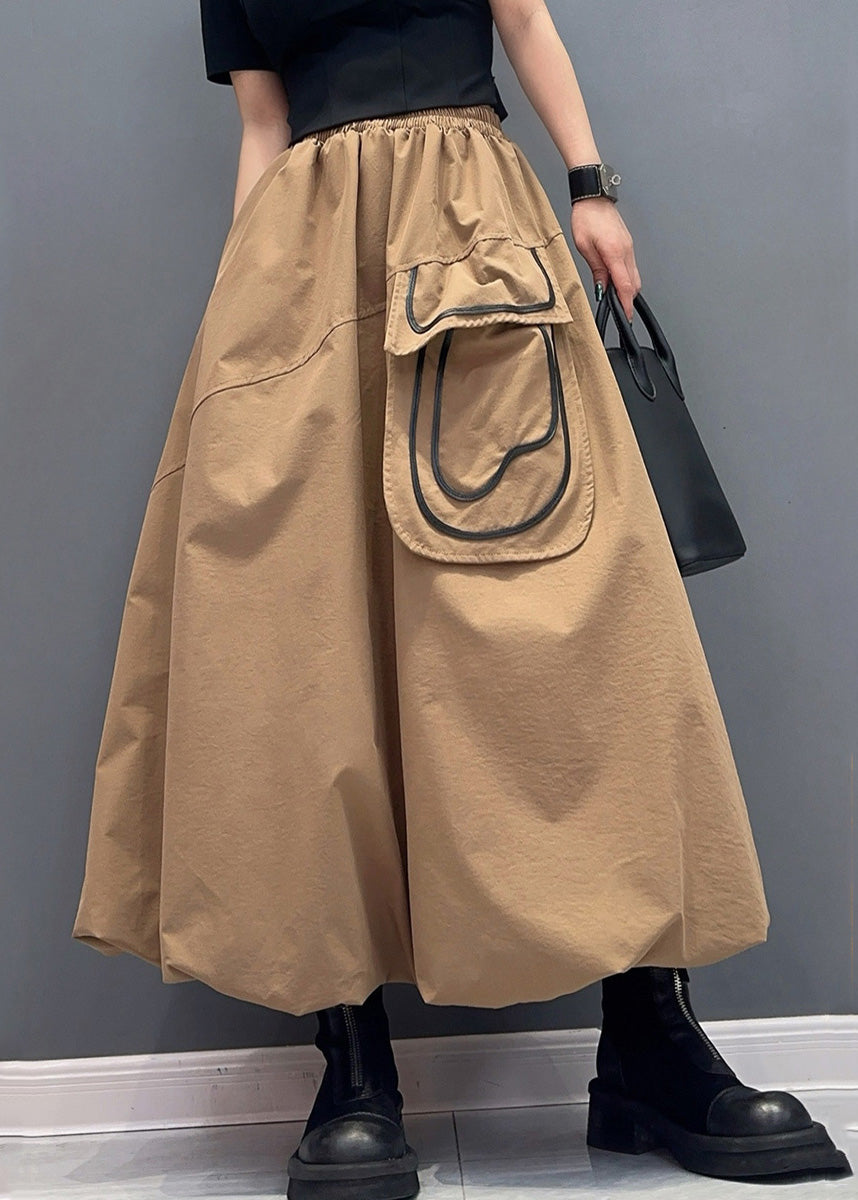 Khaki Pockets Elastic Waist Cotton Skirts Summer