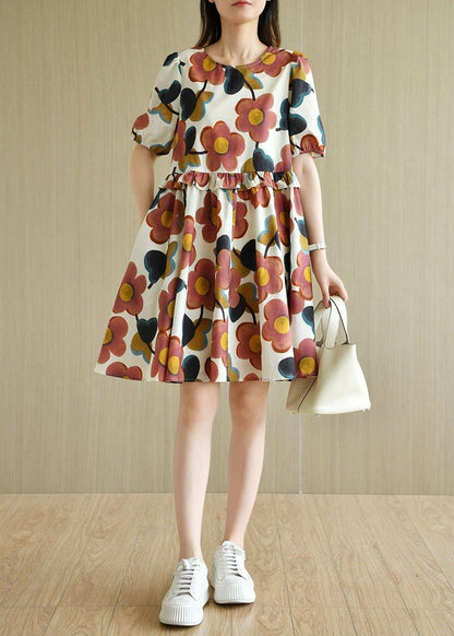 White O-neck Print Puff Sleeve Summer Cotton Dress