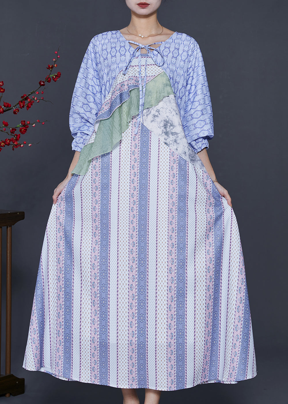 Blue Print Patchwork Chiffon Dresses Summer
