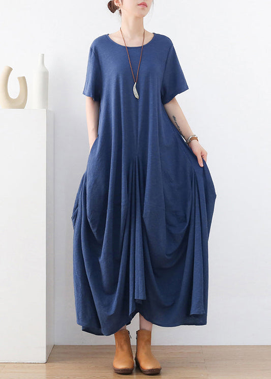 Blue Exra Large Hem Pockets Cotton Long Dresses Short Sleeve