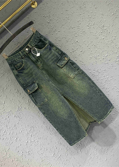 Style Blue Front Open Pockets Patchwork Denim Skirts Spring