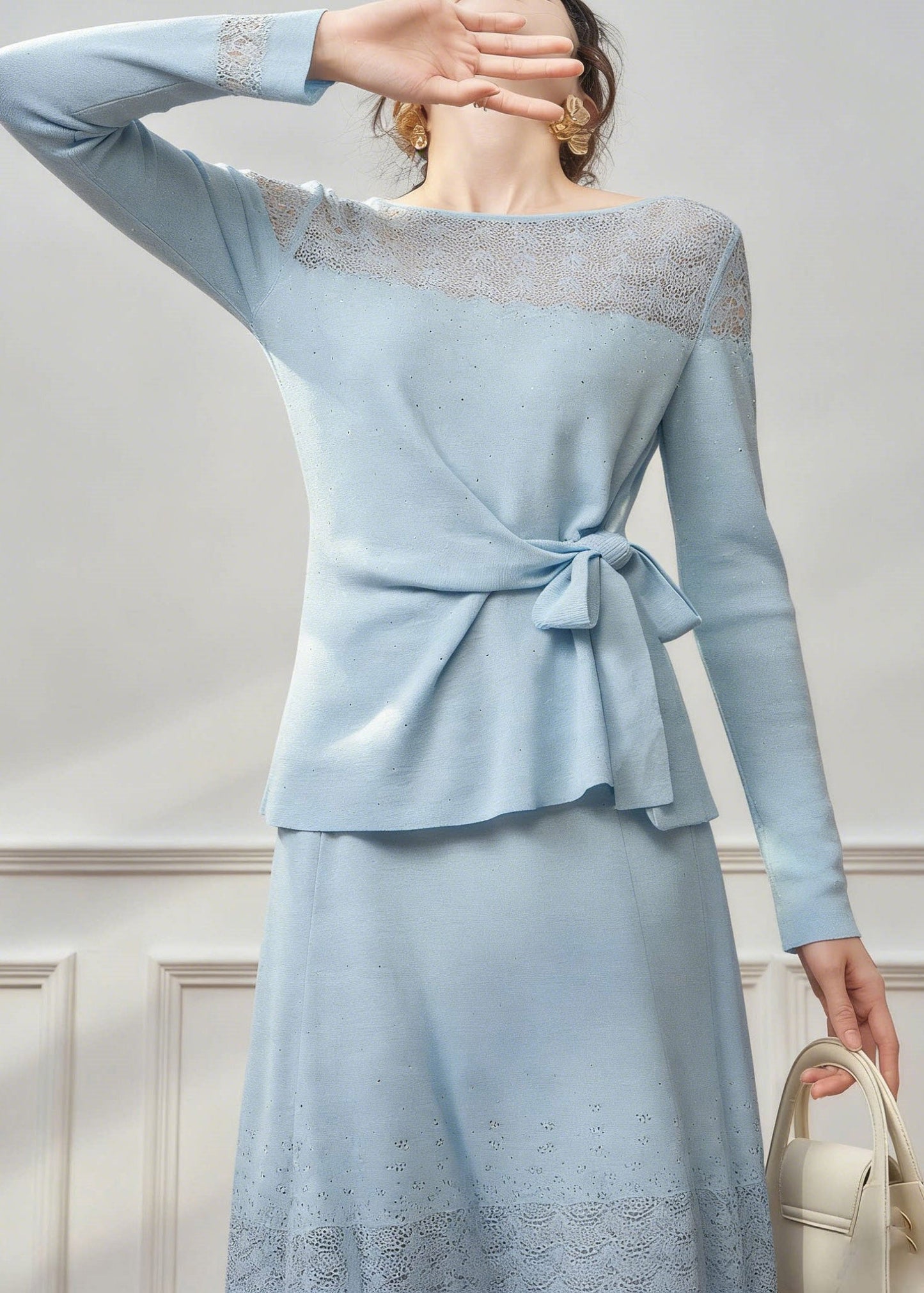 Unique Blue Tie Waist Knit Top and Maxi Skirts Two Piece Set Spring