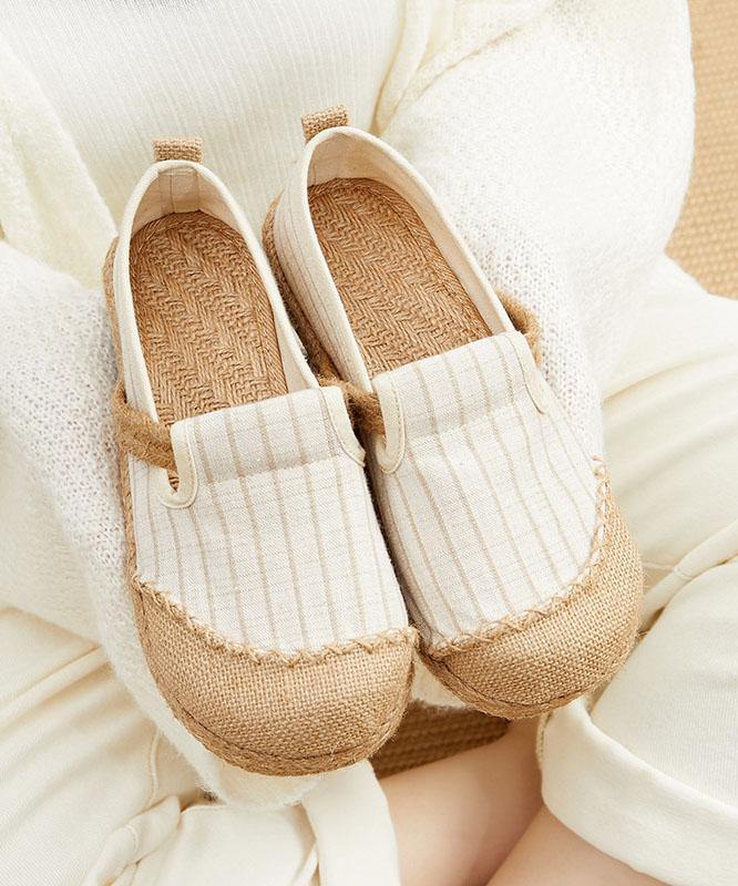 Beige Striped Cotton Linen Flat Flat Shoes for