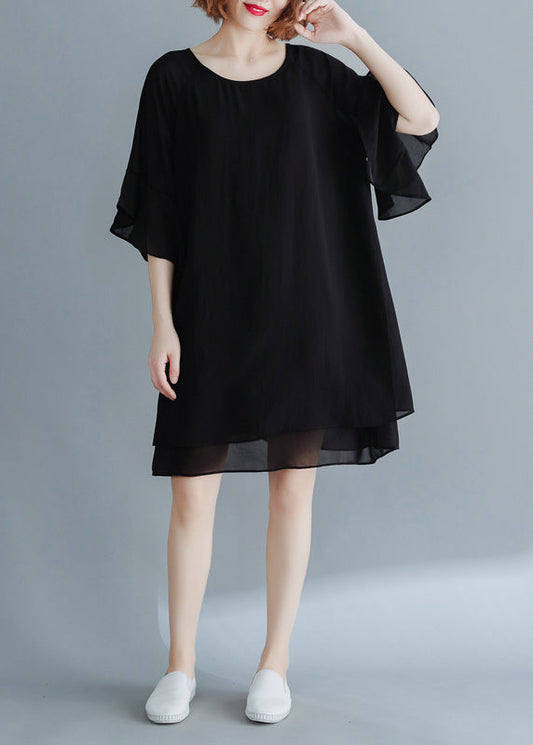 Black O-neck Chiffon Holiday Dresses Flare Sleeve
