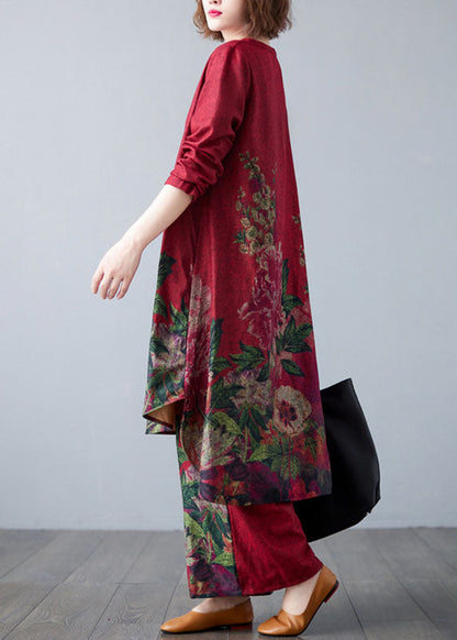 Red Oversized Print Cotton Two Pieces Set Spring