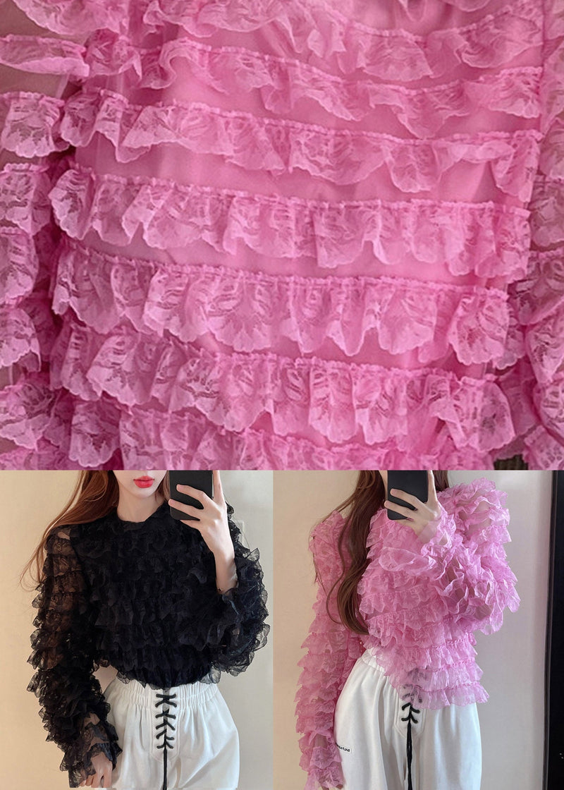 Black O-neck Ruffled Lace Top Long Sleeve