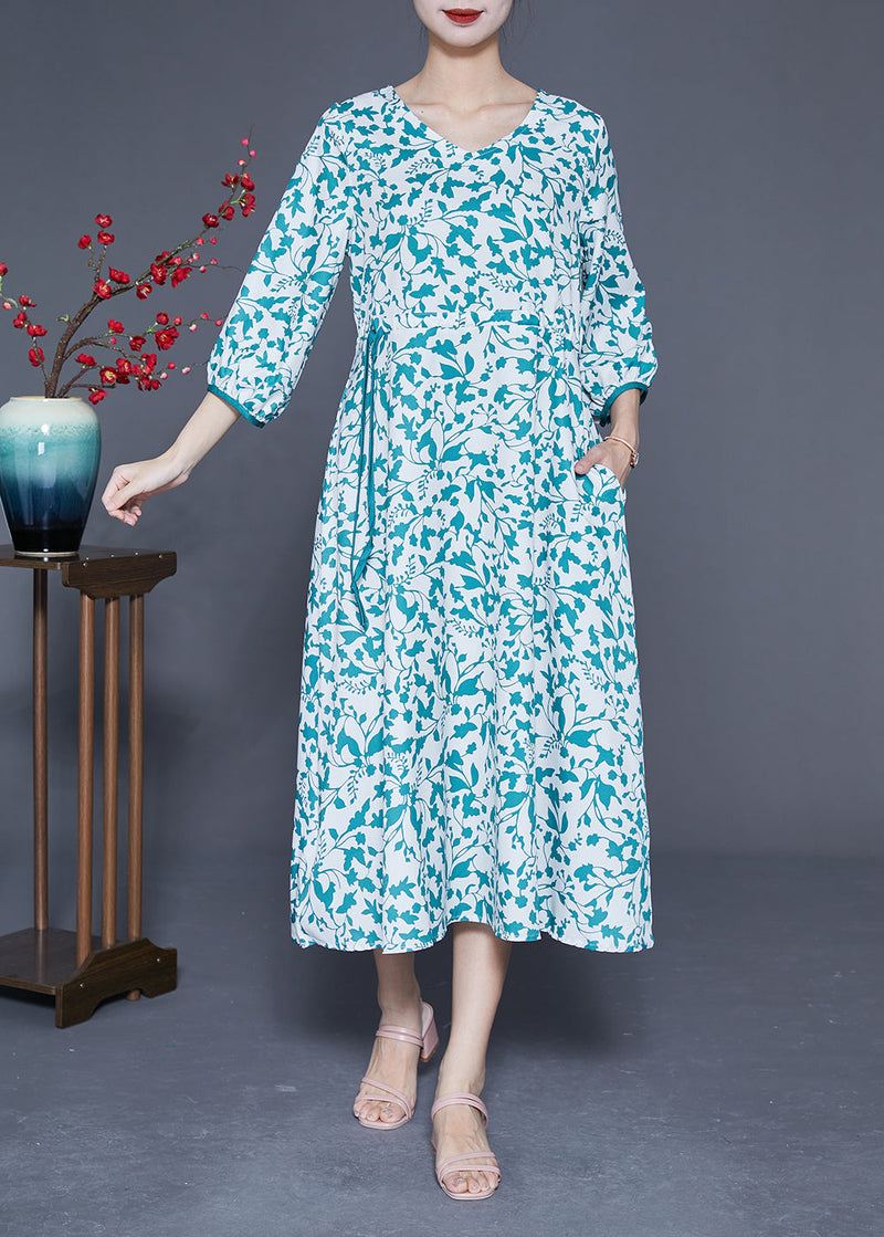 Blue Print Tie Waist Pockets Silk Dress Bracelet Sleeve