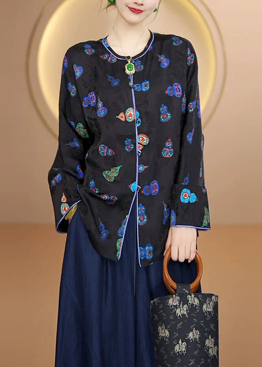 Black O Neck Print Button Silk Cardigans Fall
