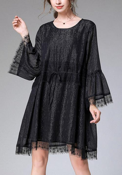 Black Tie Waist Flare Sleeve Mini Summer Chiffon Dress