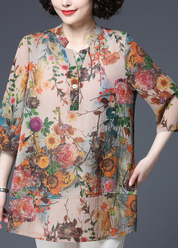 V Neck Print Button Cotton Shirts Three Quarter Sleeve