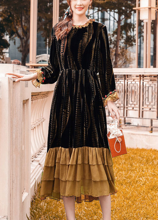 Brown Cinched Patchwork Ruffles Silk Velour Dress Spring