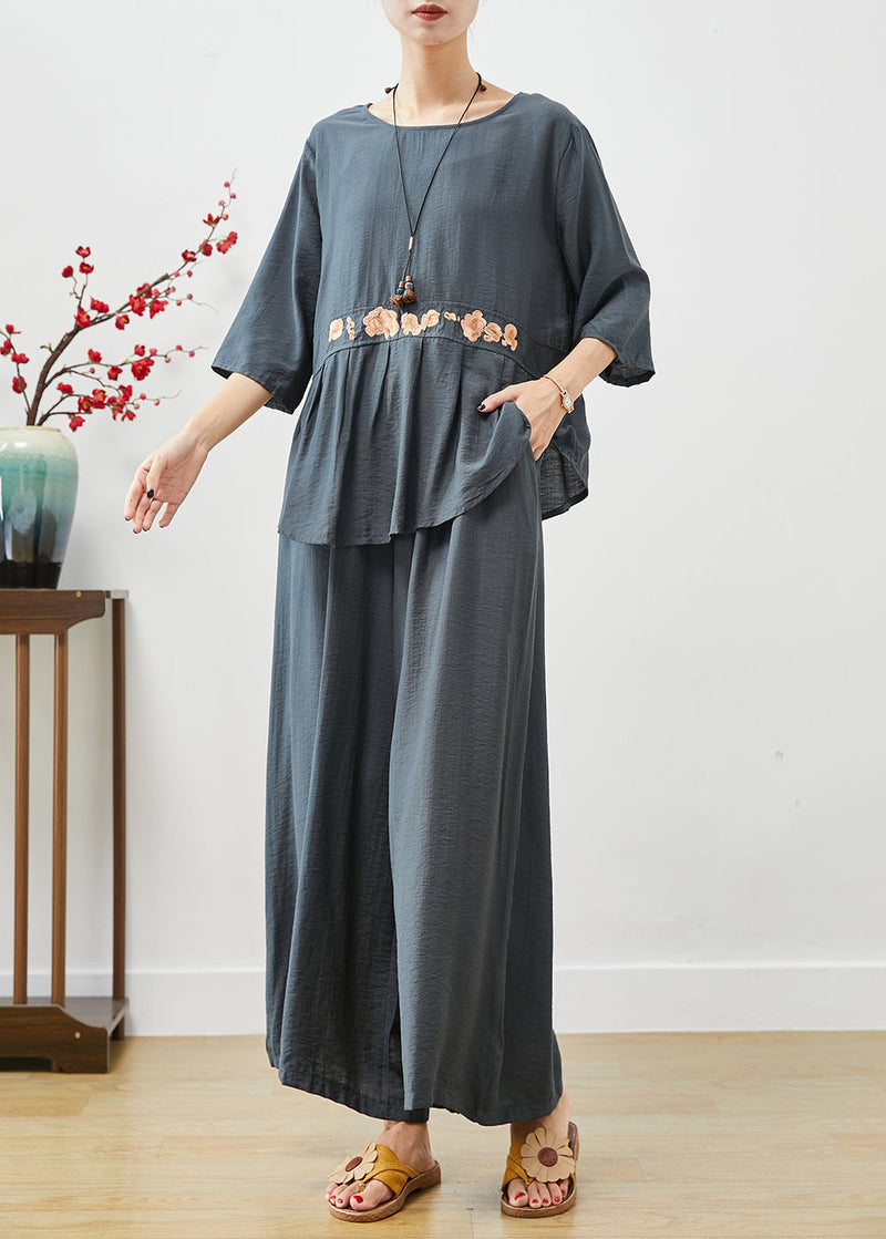 Blue Grey Cotton Two Piece Set Clothing Embroideried Fall