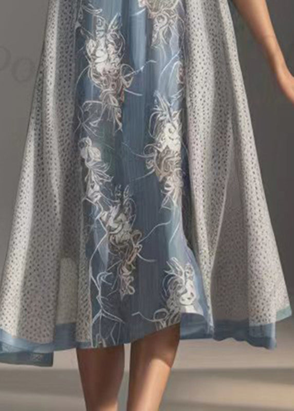 Loose Blue O-neck Print Silk Long Dresses Half Sleeve