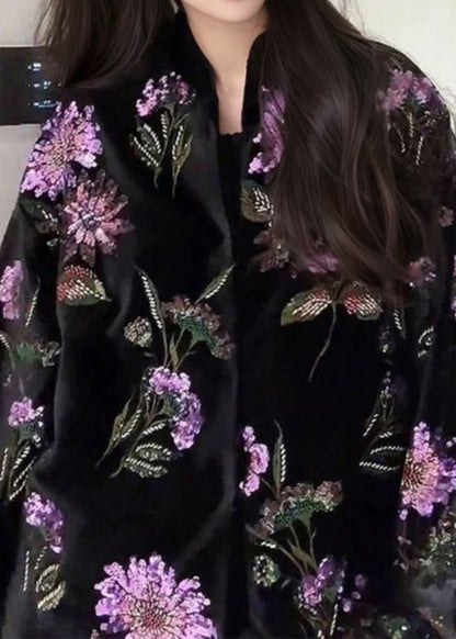 Chinese Style Black Embroidered Sequins Fine Cotton Filled Coat Spring