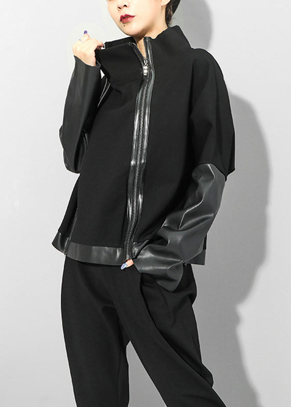 Black Stand Collar Zip Up Faux Leather Patchwork Coat Long Sleeve