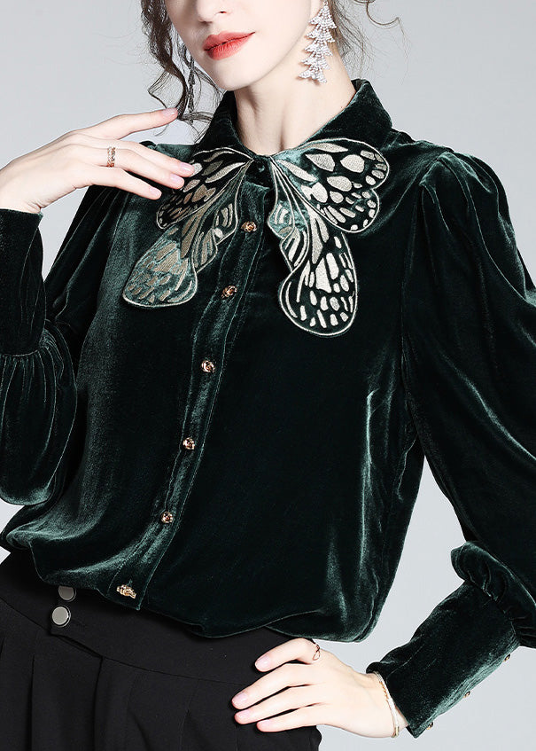 Organic Black Peter Pan Collar Embroideried Butterfly Button Velour Shirts Long Sleeve Fall