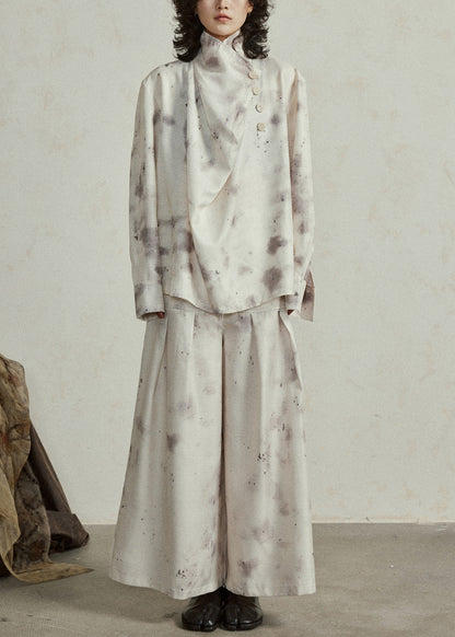 Boutique Stand Collar Tie Dye Two Pieces Set Top and Wide Leg Pants Lantern Sleeve
