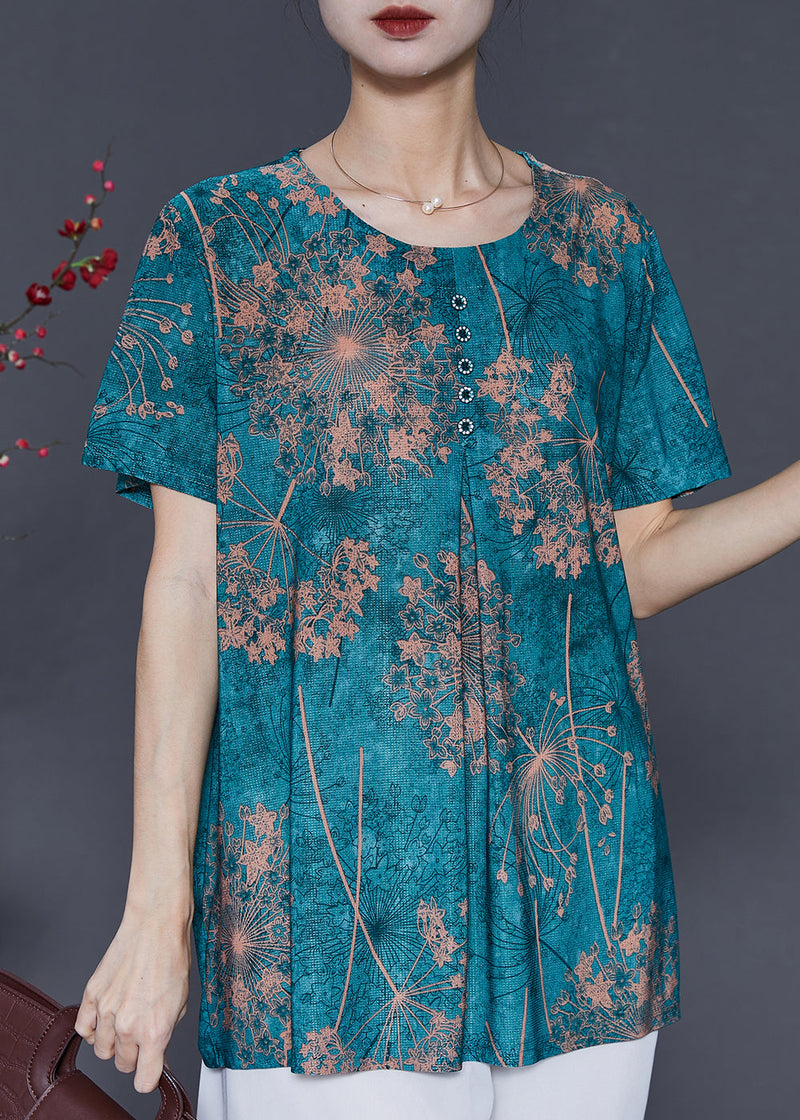 Green Oversized Print Silk Shirt Top Summer