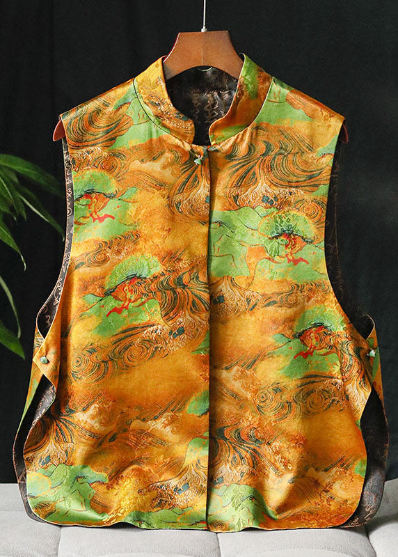 Khaki Stand Collar Button Side Open Print Silk Vests Spring