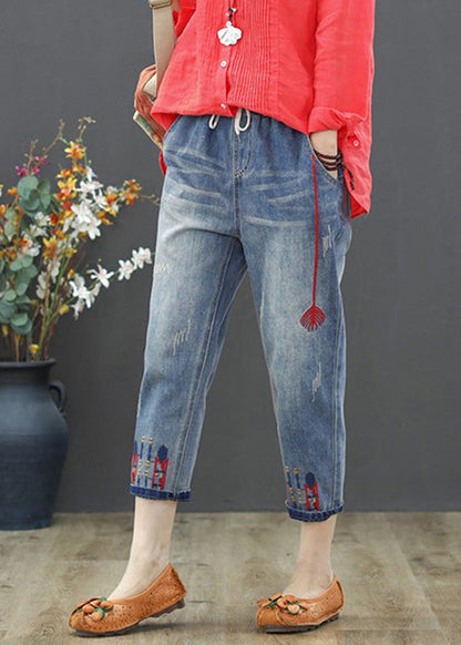Light Blue Embroideried Tie Waist Crop Jeans Summer