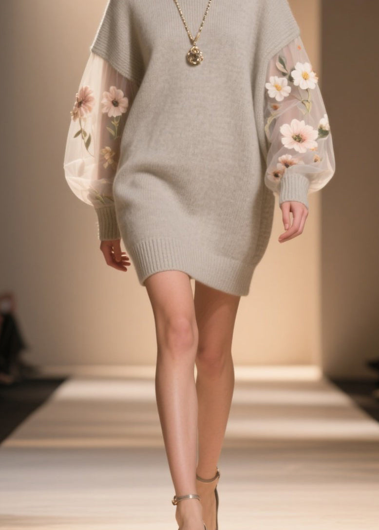 Hign Neck Tulle Patchwork Knit Sweater Dress Winter