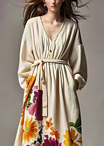 Beige Print Pockets Tie Waist Cotton Long Dresses Fall