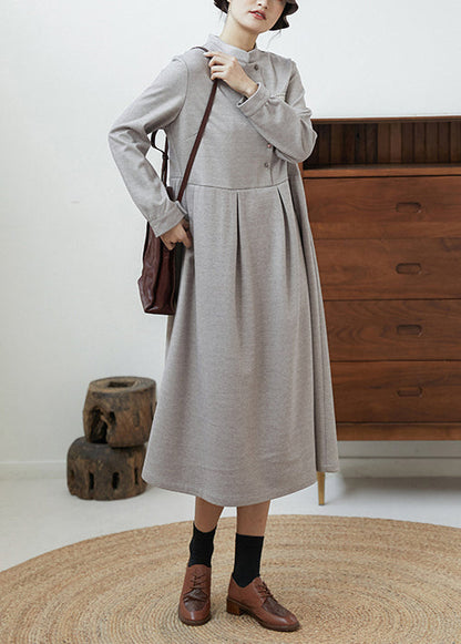 Grey Stand Collar Wrinkled Patchwork Cotton Dresses Fall