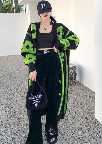 Black Green Print Knit Coats Spring