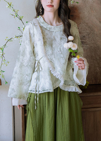 Stylish Green Embroidered Ruffled Lace Up Cotton Blouses Fall