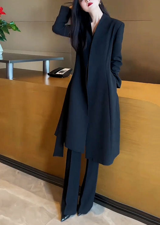 Formal Black Slim Fit Spandex Trench and Flared Trousers Two Pieces Set Spring