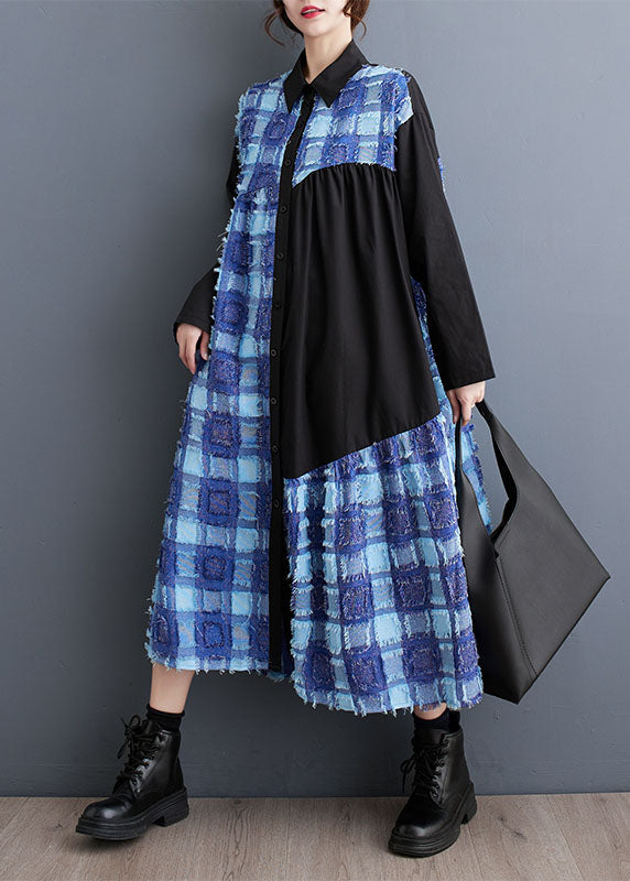 Blue Asymmetrical Tulle Patchwork Button Maxi Shirts Dress Fall
