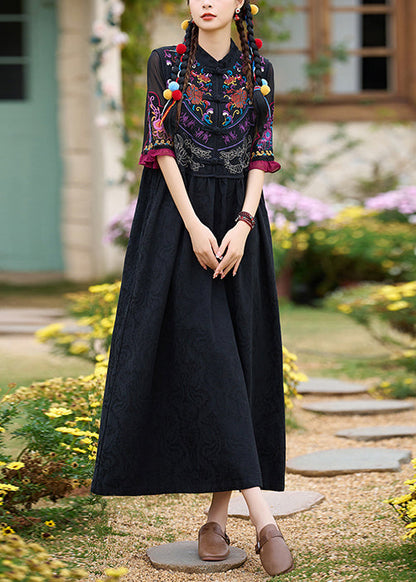 Black Stand Collar Embroidered Cotton Two Pieces Set Summer