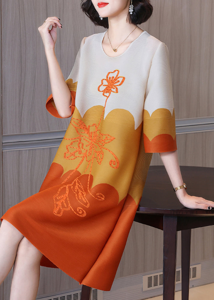 Orange O-neck Print Maxi Dress Half Sleeve